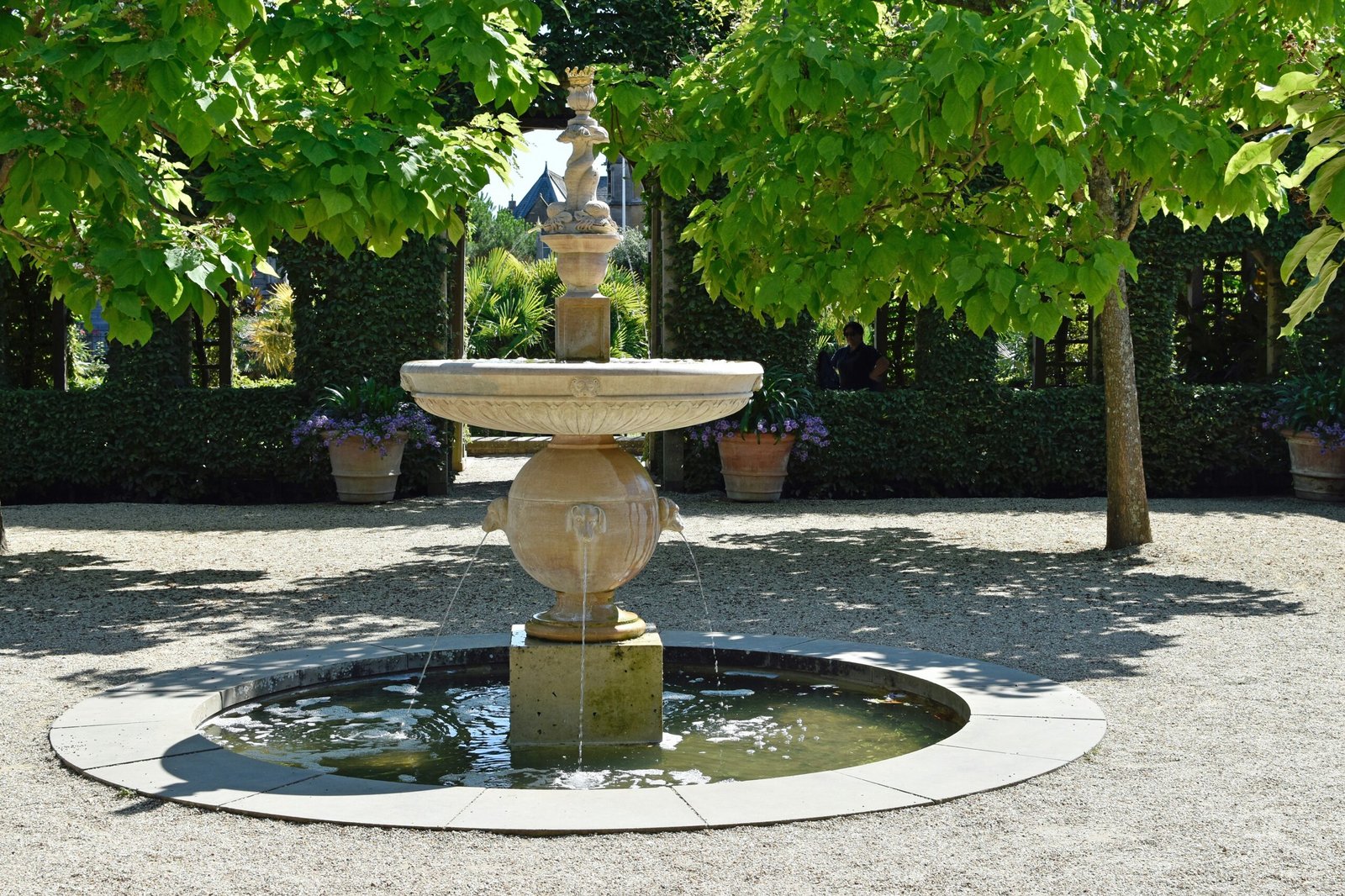 a fountain in a garden